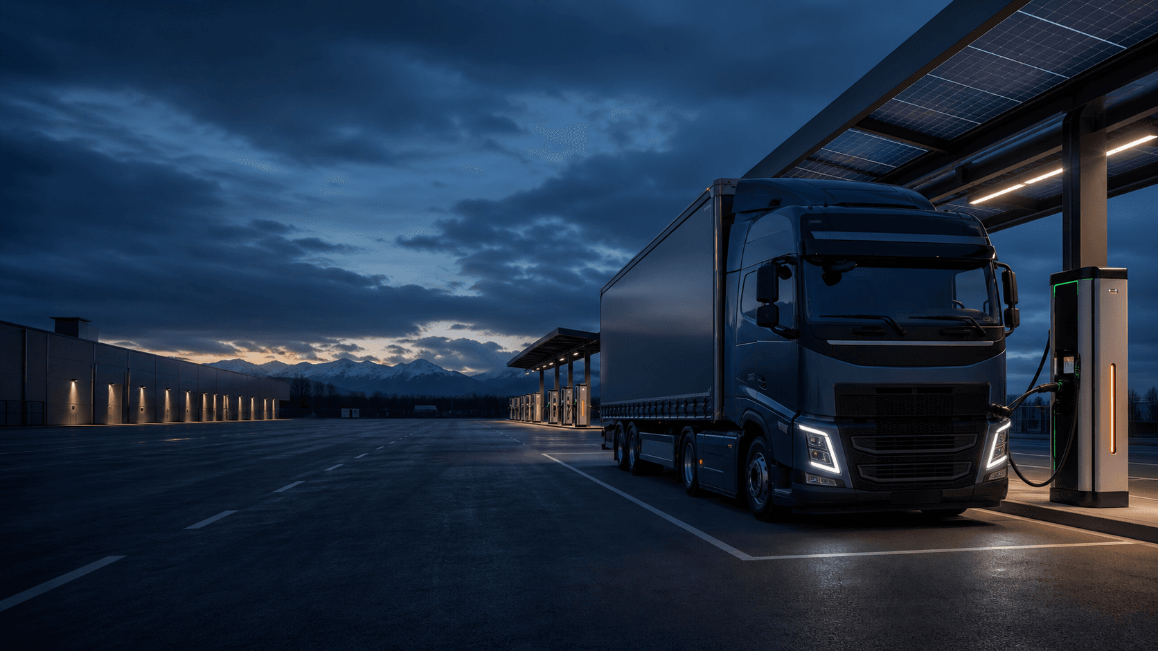 Camion electric într-un depou modern cu stații de încărcare și copertină fotovoltaică